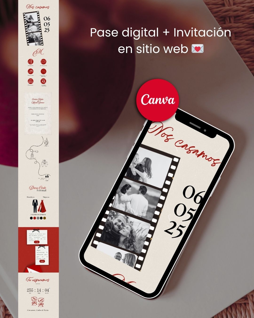 Carlos y Maria ✨ Set de invitación y pase digital para bodas – Plantilla editable