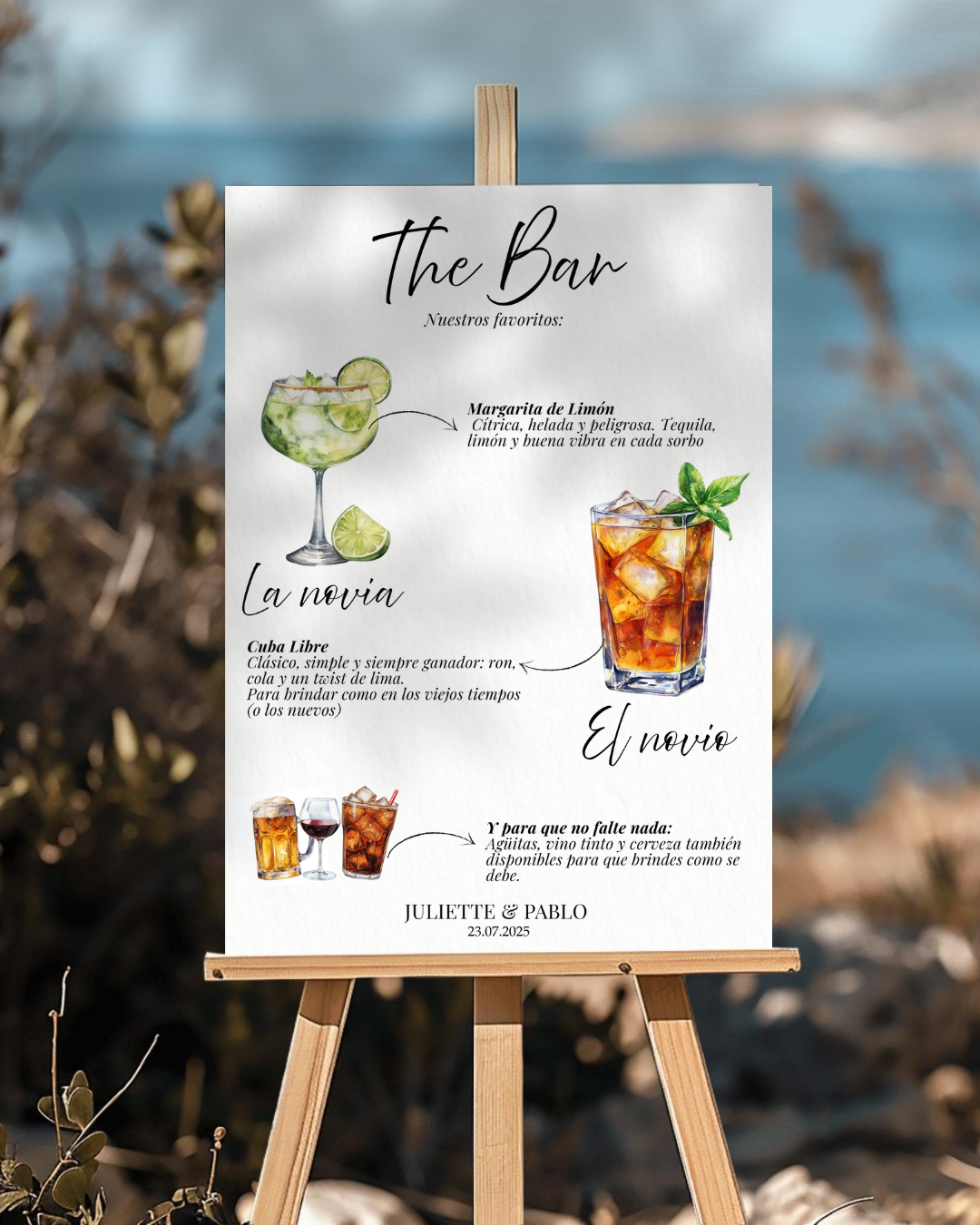 Juliette & Pablo Plantilla de Menú de Bebidas para Bodas – Editable en Canva