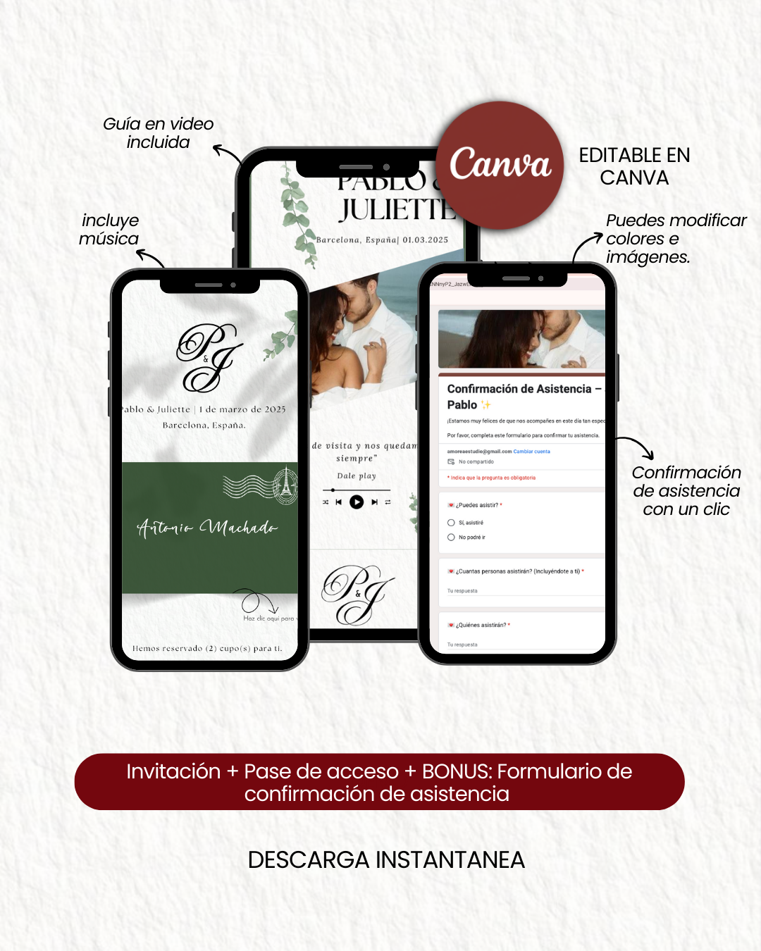 Juliette & Pablo – Plantilla de Invitación + Tarjeta de Acceso + Confirmación – Editable en Canva