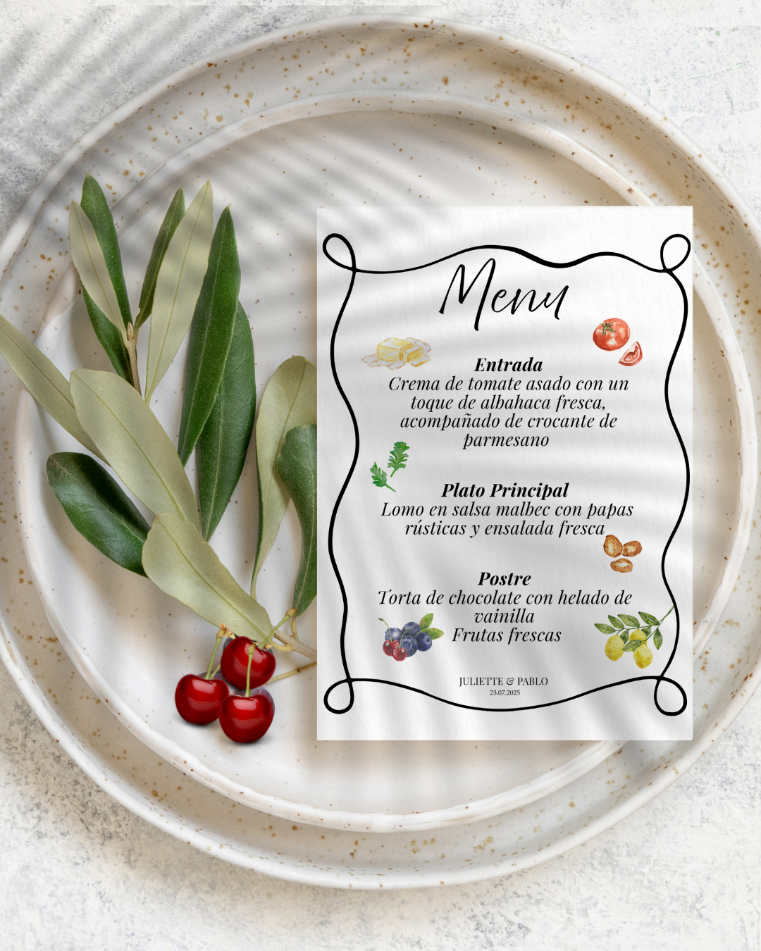 Juliette & Pablo Plantilla de Menú de Comida para Bodas – Editable en Canva