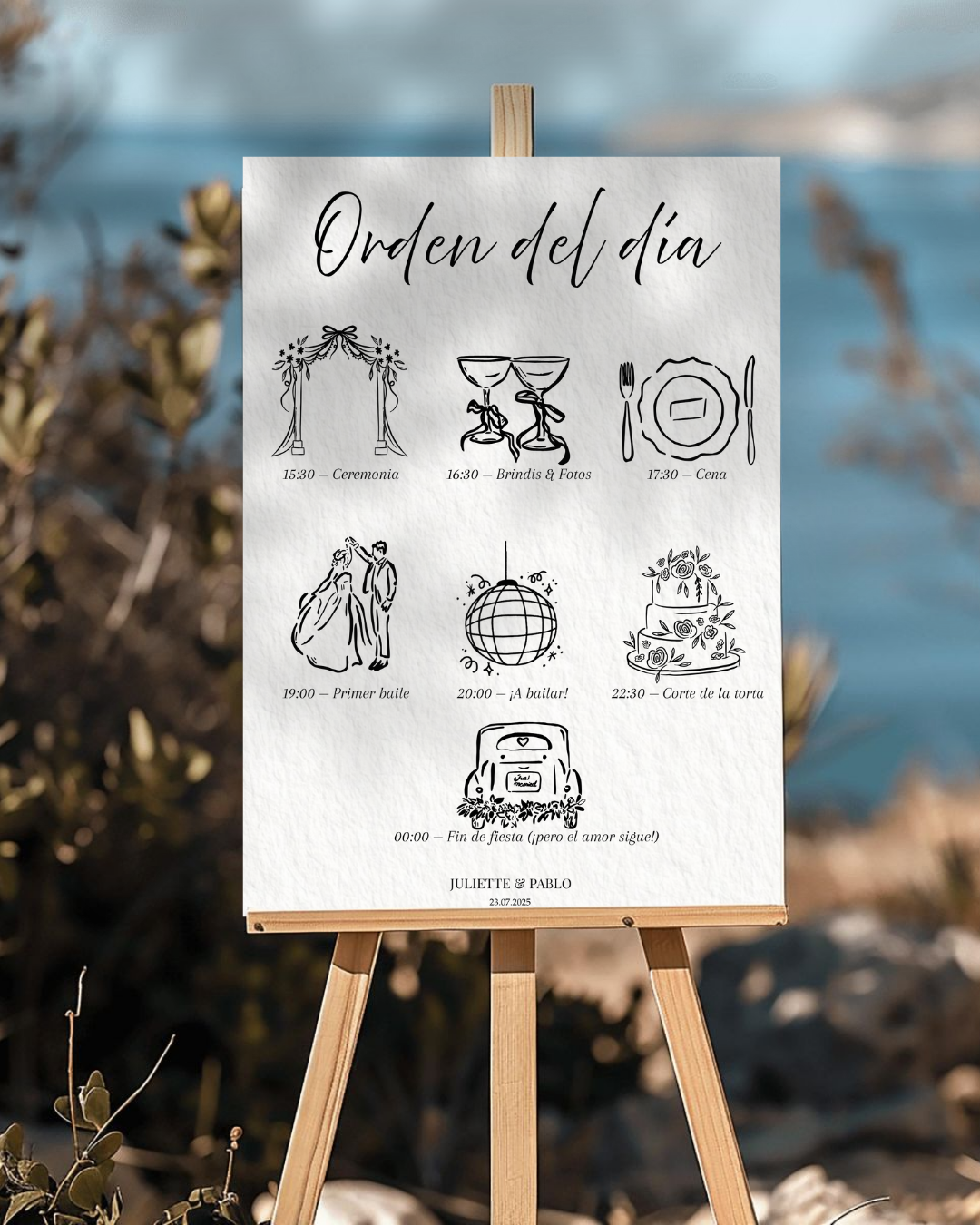 Juliette & Pablo Plantilla de Orden del día para Bodas – Editable en Canva