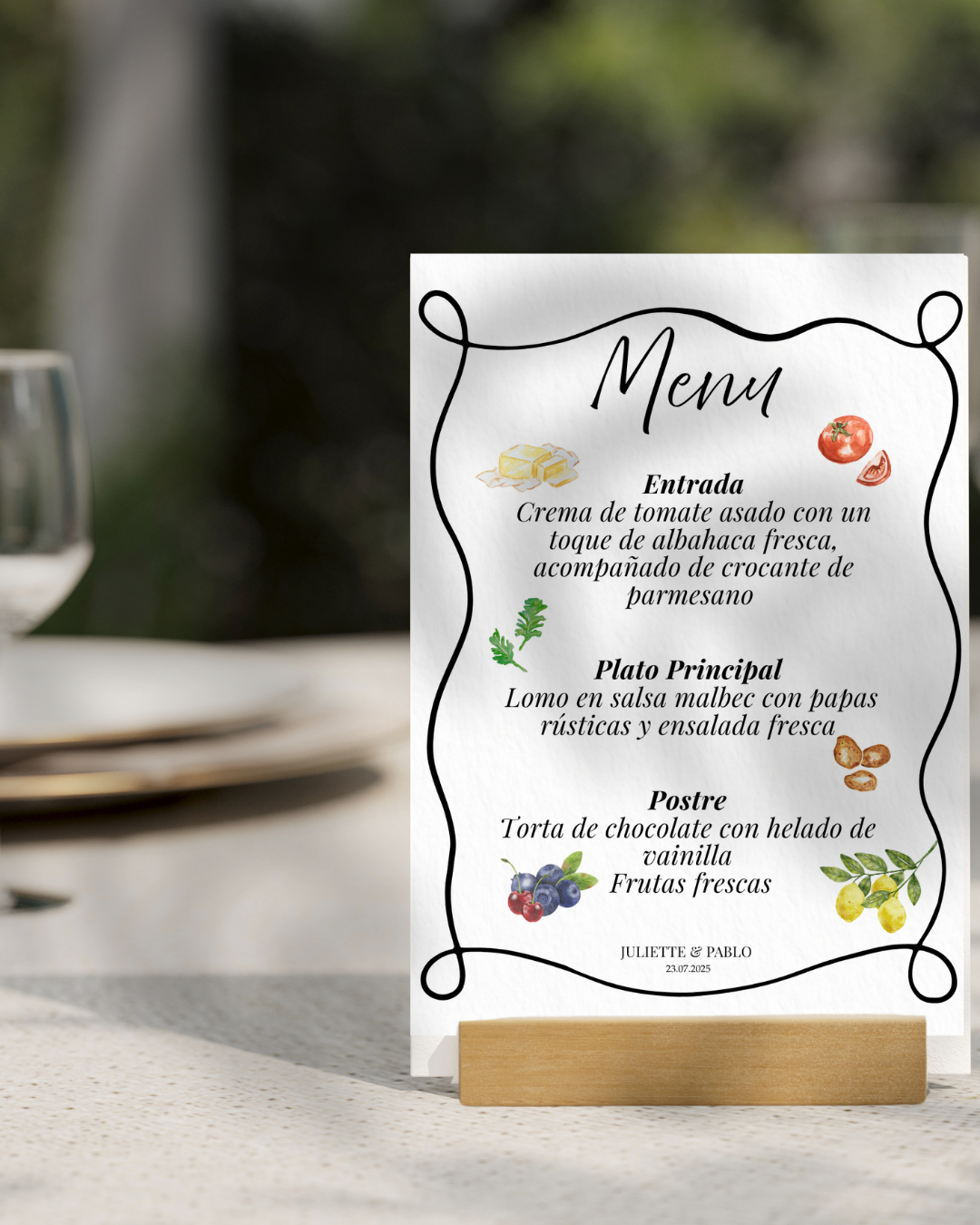Juliette & Pablo Plantilla de Menú de Comida para Bodas – Editable en Canva