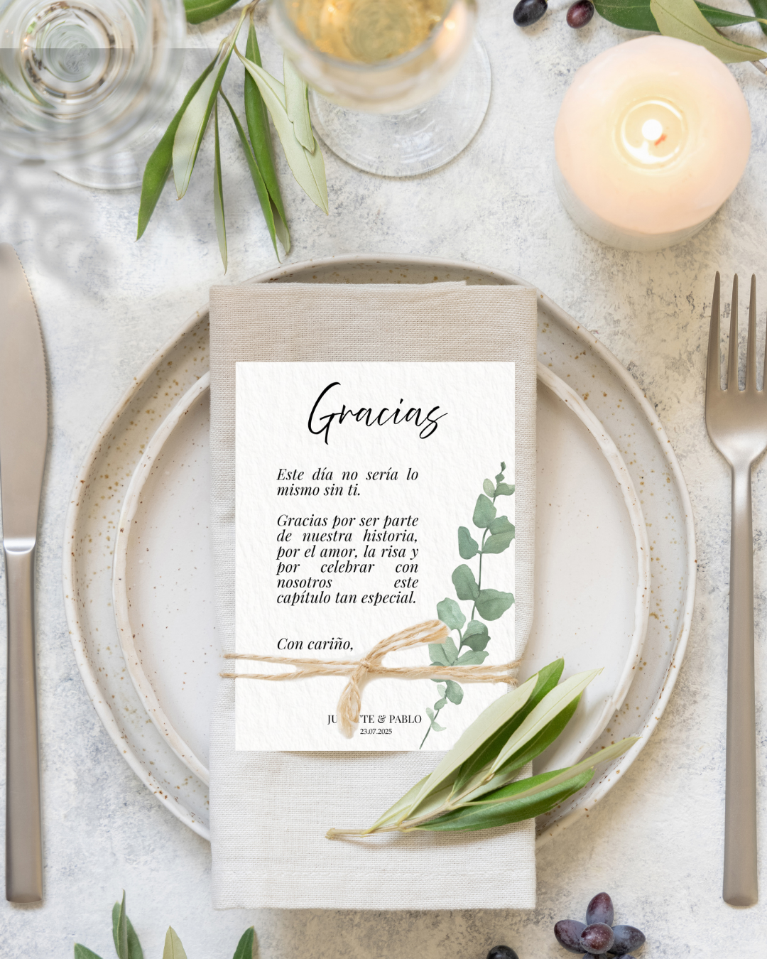 Juliette & Pablo Plantilla de Tarjeta de agradecimiento para Bodas – Editable en Canva