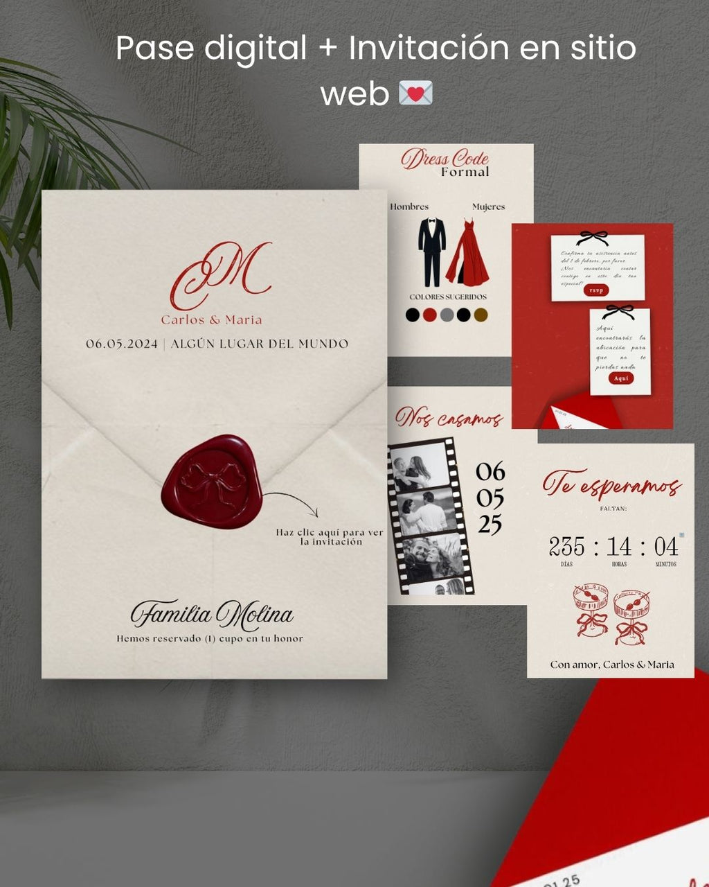 Carlos y Maria ✨ Set de invitación y pase digital para bodas – Plantilla editable