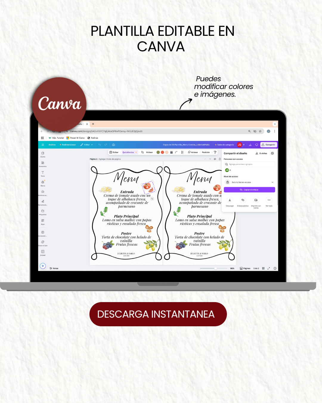 Juliette & Pablo Plantilla de Menú de Comida para Bodas – Editable en Canva