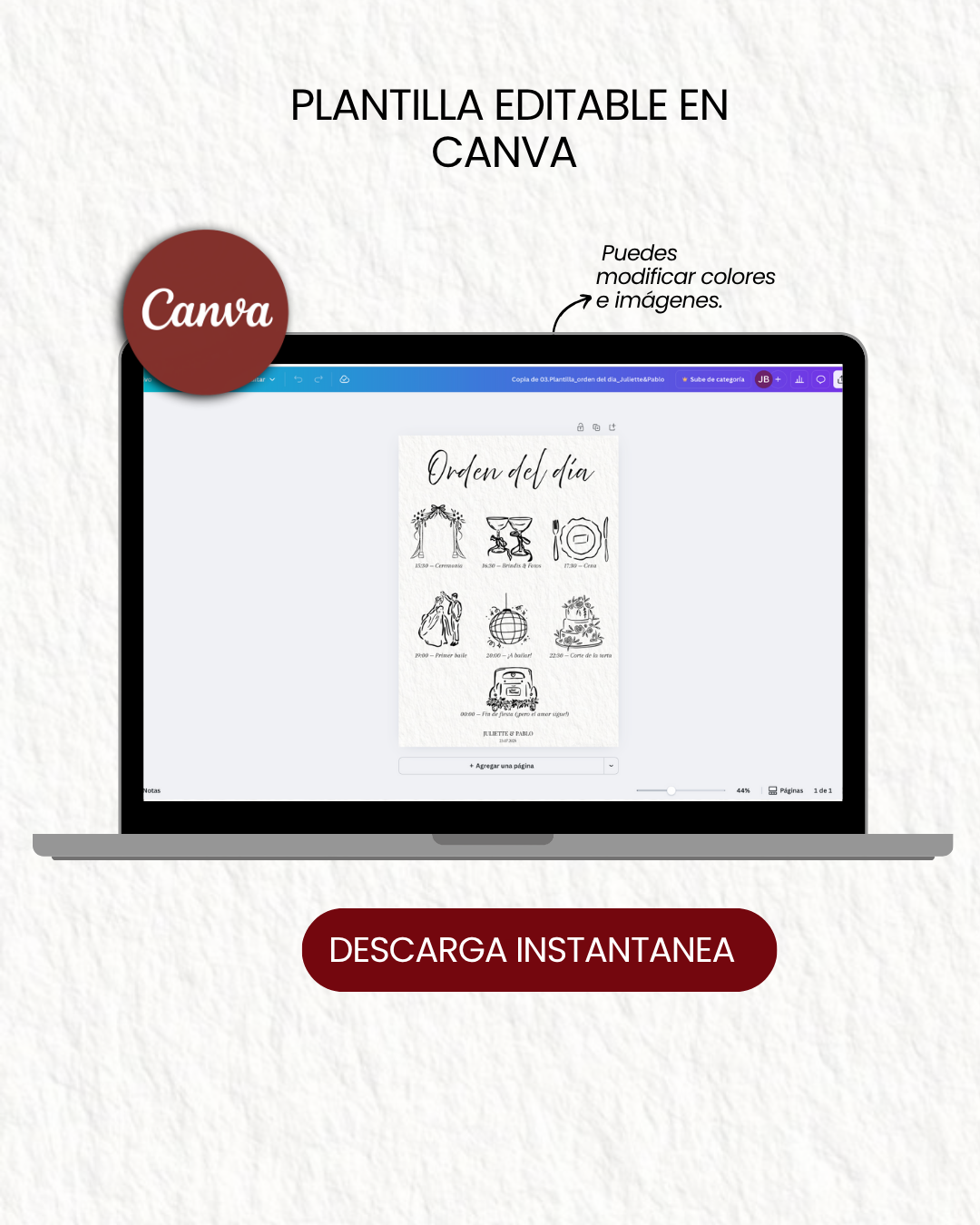 Juliette & Pablo Plantilla de Orden del día para Bodas – Editable en Canva