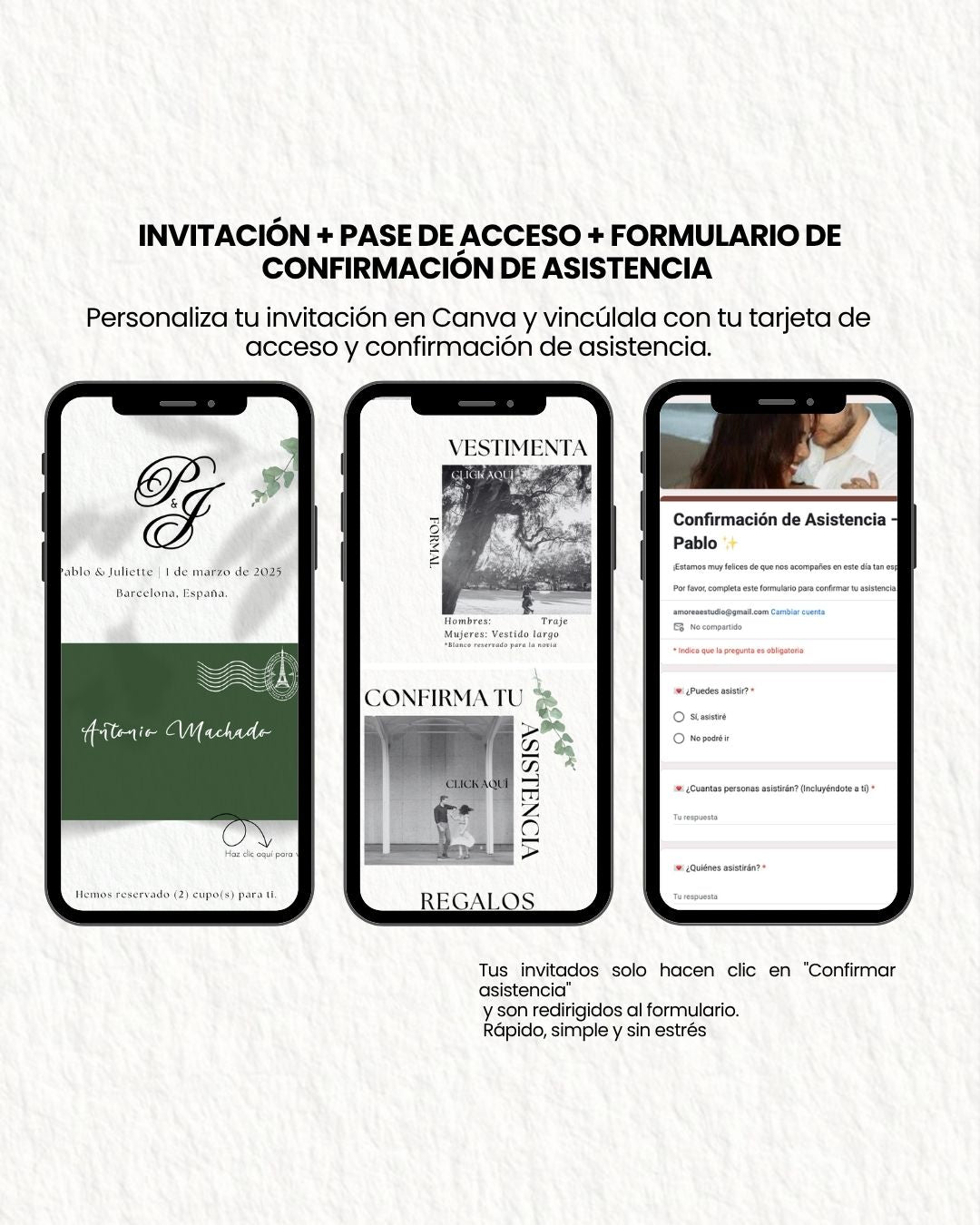 Juliette & Pablo – Plantilla de Invitación + Tarjeta de Acceso + Confirmación – Editable en Canva