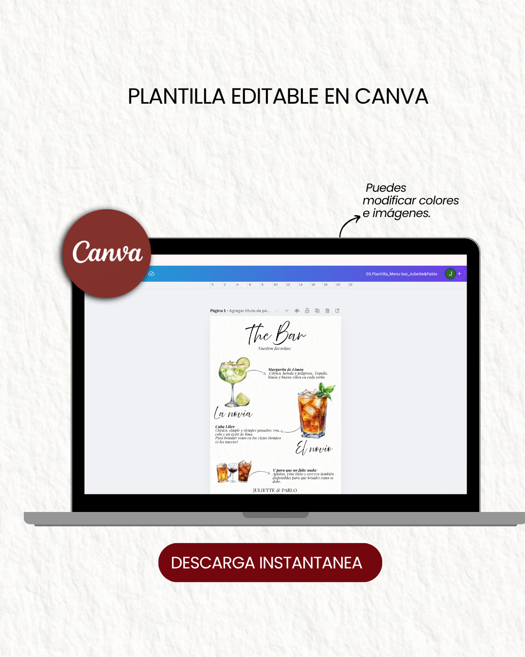 Juliette & Pablo Plantilla de Menú de Bebidas para Bodas – Editable en Canva