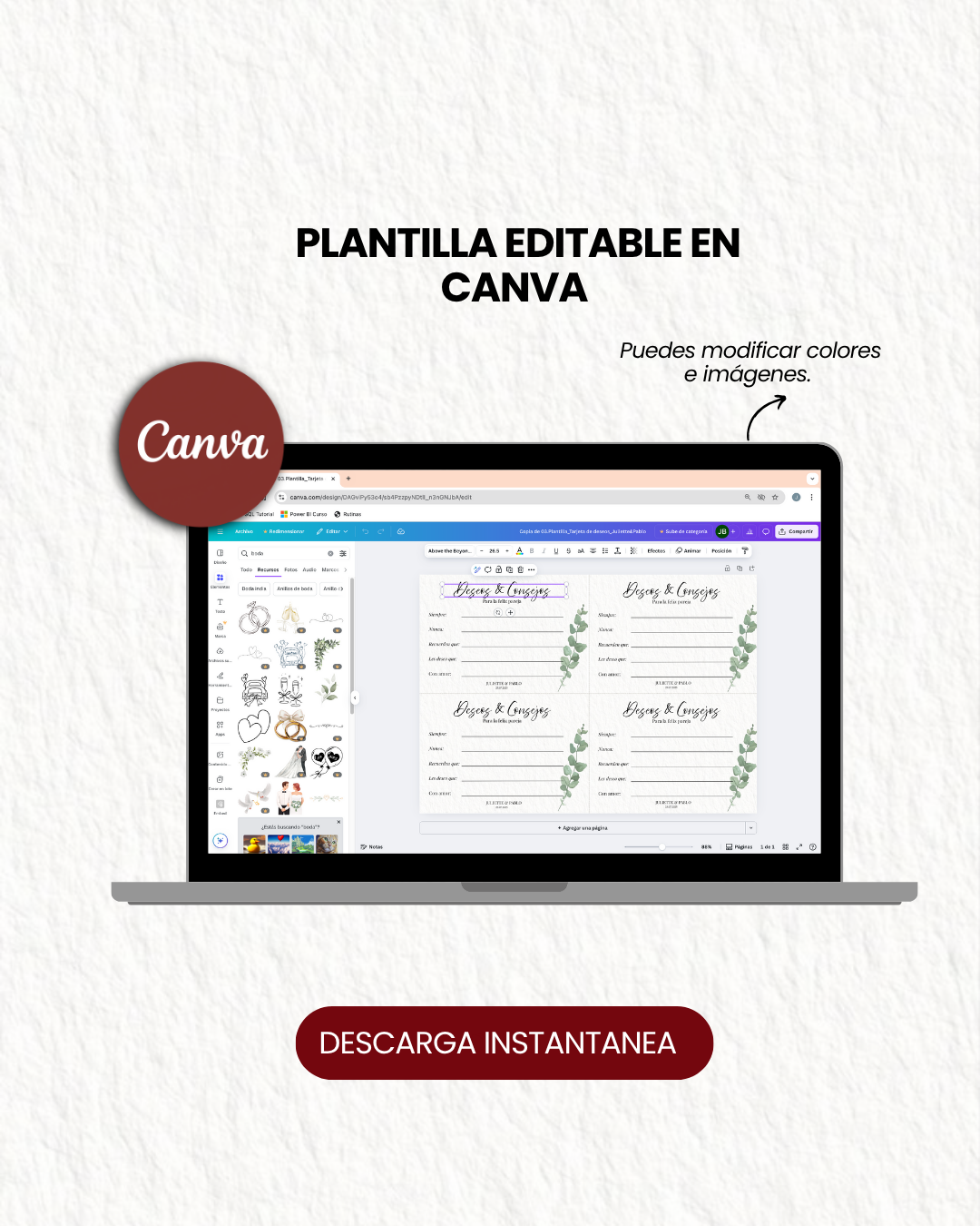 Juliette & Pablo Plantilla de Tarjeta de Deseos para Bodas – Editable en Canva