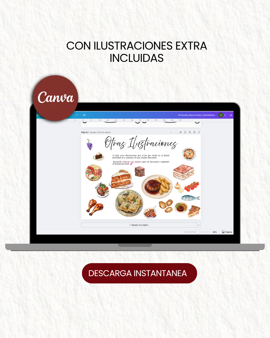Juliette & Pablo Plantilla de Menú de Comida para Bodas – Editable en Canva