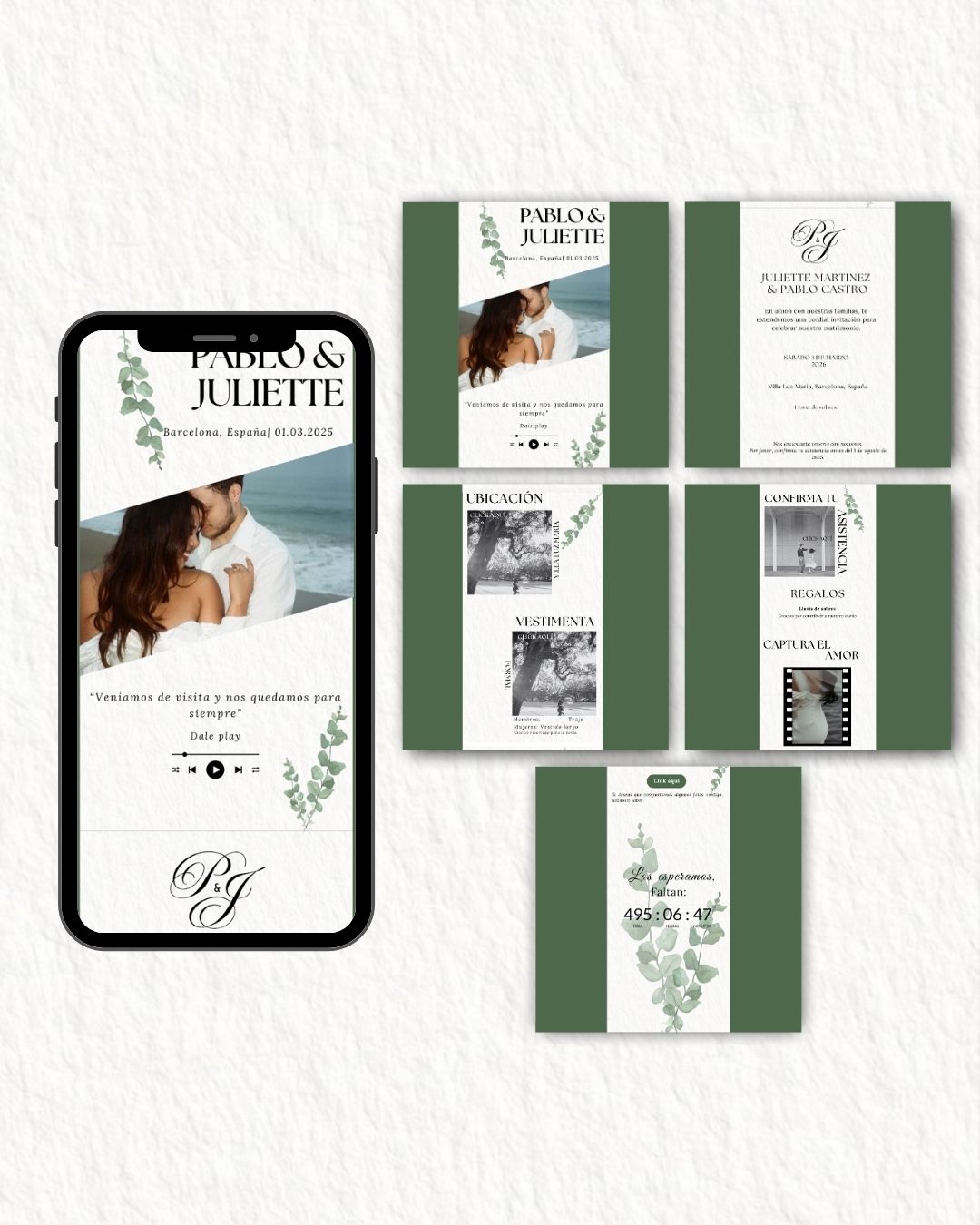 Juliette & Pablo – Plantilla de Invitación + Tarjeta de Acceso + Confirmación – Editable en Canva