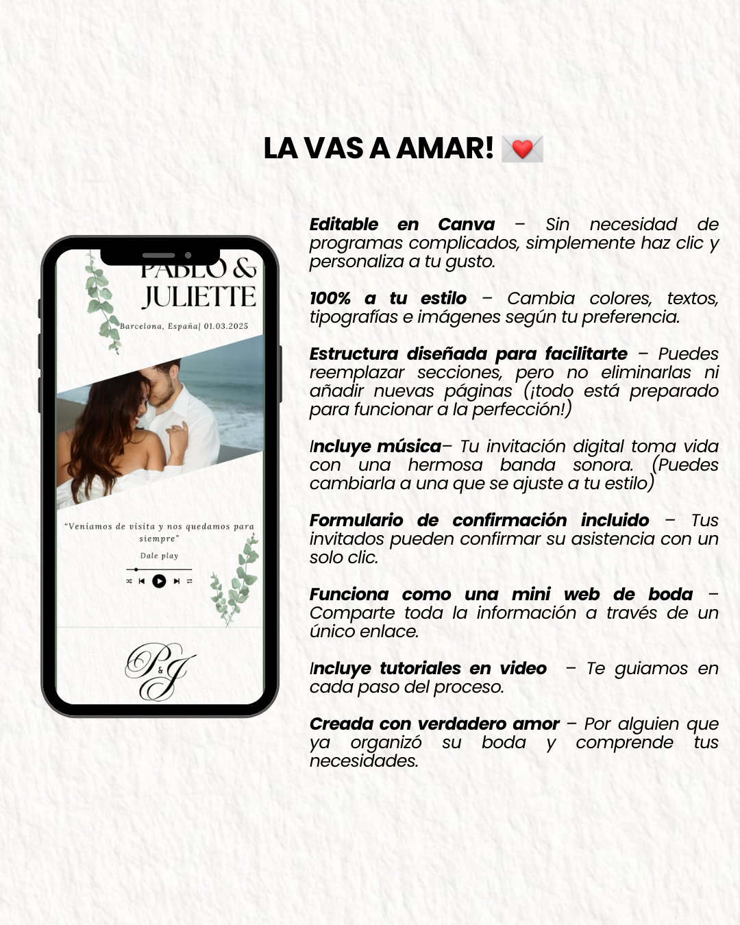 Juliette & Pablo – Plantilla de Invitación + Tarjeta de Acceso + Confirmación – Editable en Canva