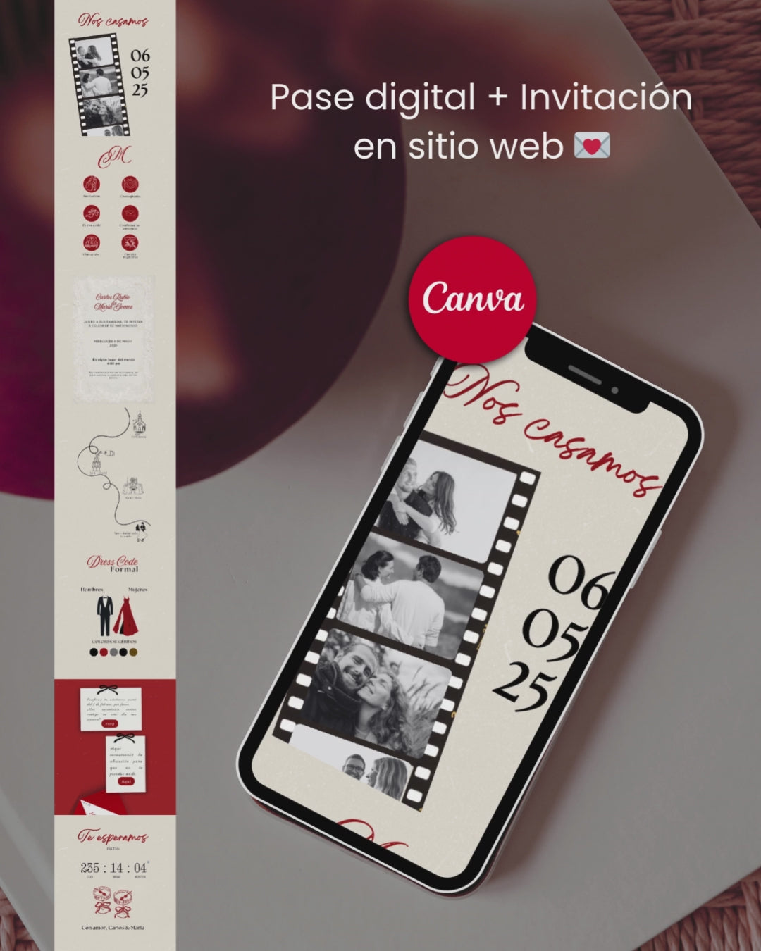 Carlos y Maria ✨ Set de invitación y pase digital para bodas – Plantilla editable